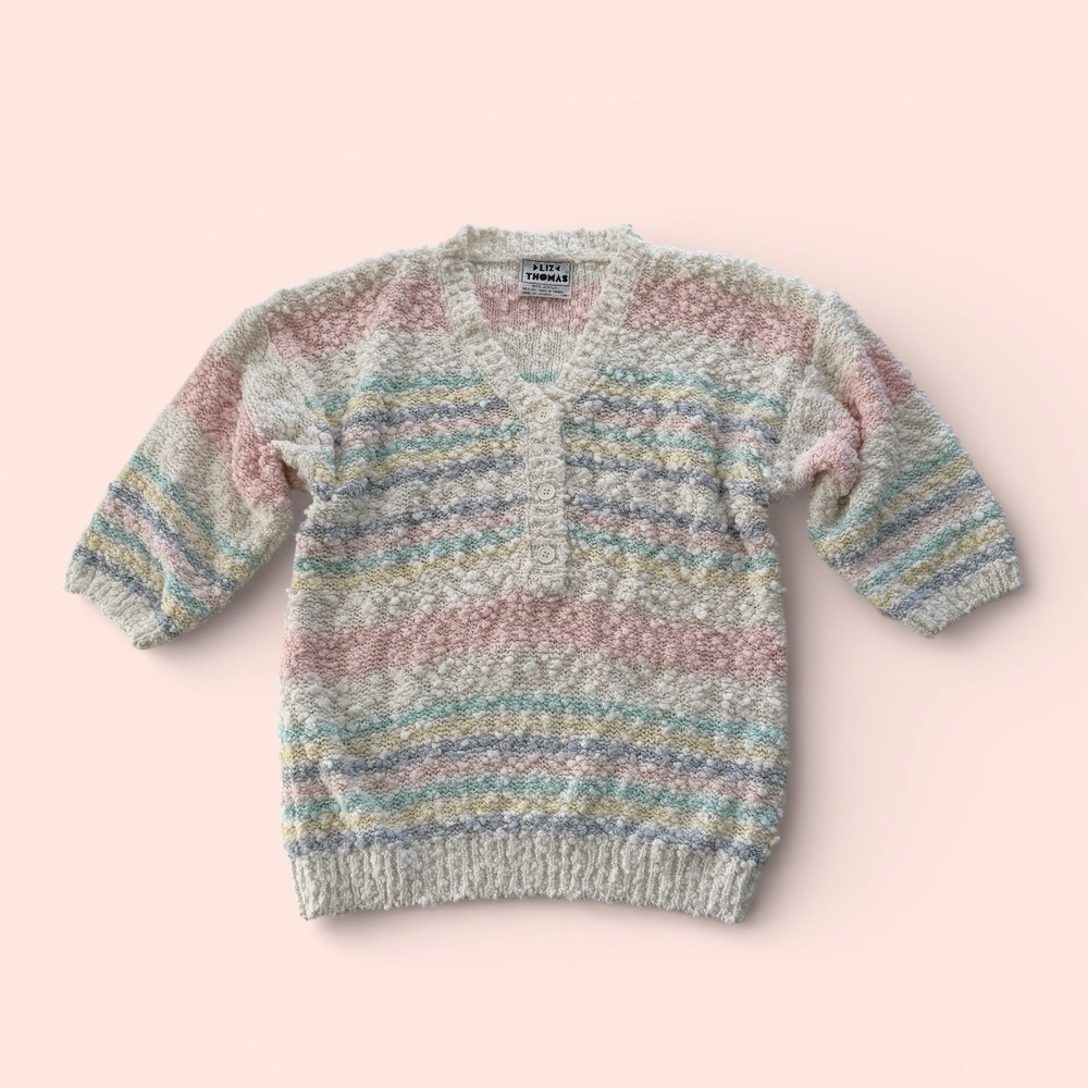 Vintage Liz Thomas Popcorn Knit Sweater Pastel Stripe Rainbowcore Women's S‎